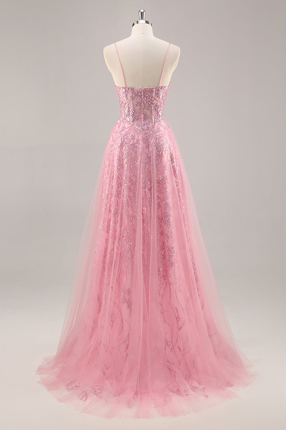 Sparkly Pink Corset Tulle Long Prom Dress with Sequins