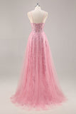 Sparkly Pink Corset Tulle Long Prom Dress with Sequins