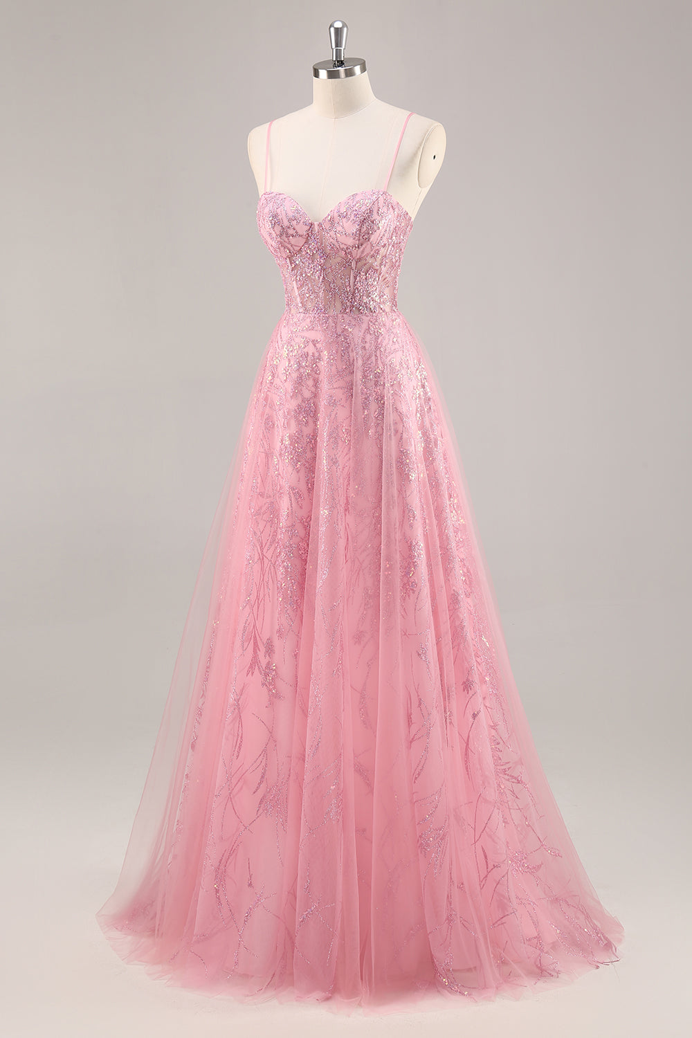 Sparkly Pink Corset Tulle Long Prom Dress with Sequins