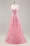 Sparkly Pink Corset Tulle Long Prom Dress with Sequins