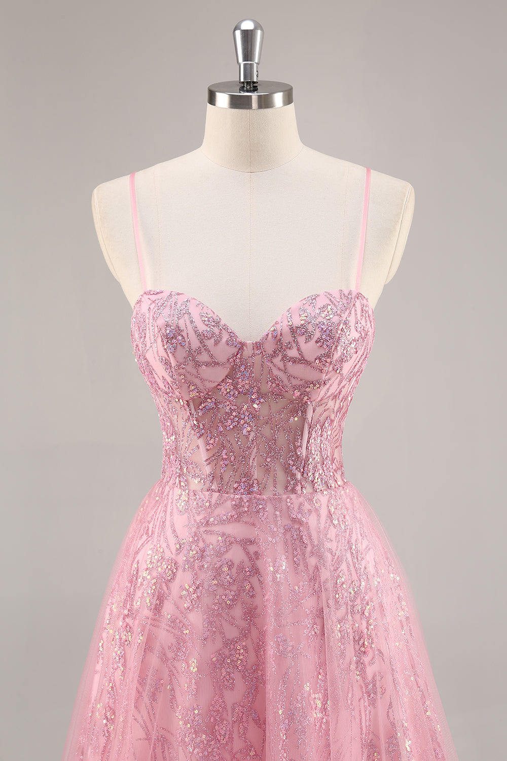 Sparkly Pink Corset Tulle Long Prom Dress with Sequins