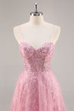 Sparkly Pink Corset Tulle Long Prom Dress with Sequins