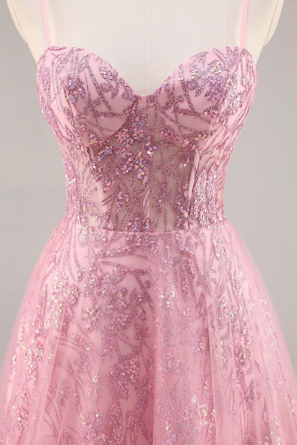 Sparkly Pink Corset Tulle Long Prom Dress with Sequins