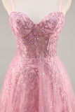 Sparkly Pink Corset Tulle Long Prom Dress with Sequins