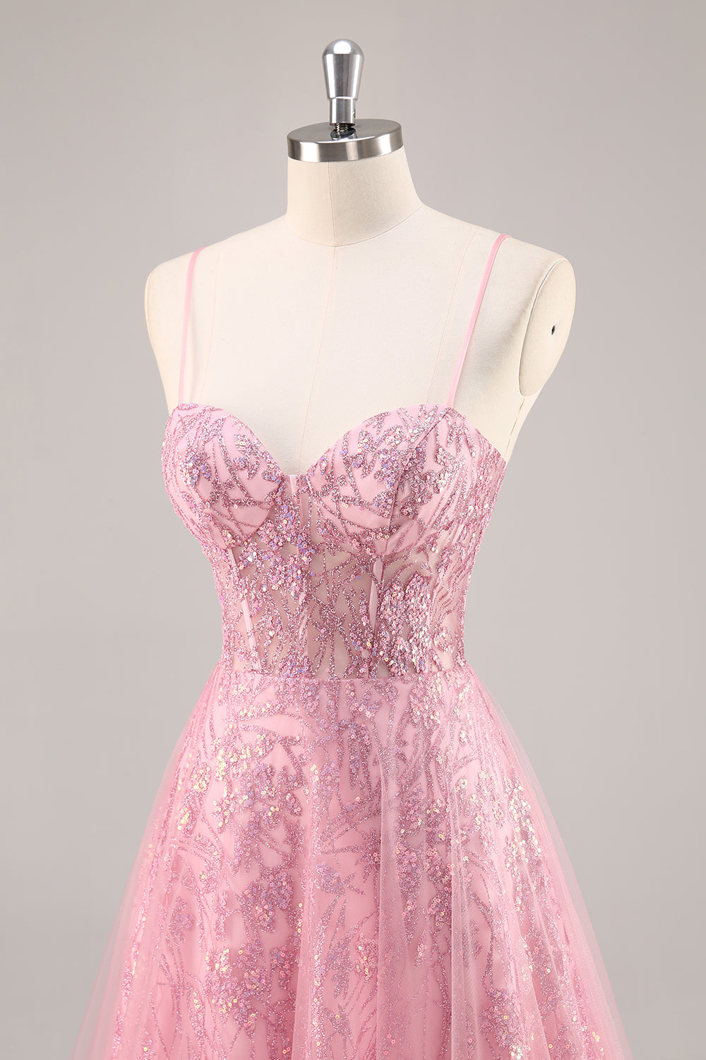 Sparkly Pink Corset Tulle Long Prom Dress with Sequins