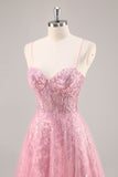 Sparkly Pink Corset Tulle Long Prom Dress with Sequins