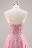 Sparkly Pink Corset Tulle Long Prom Dress with Sequins
