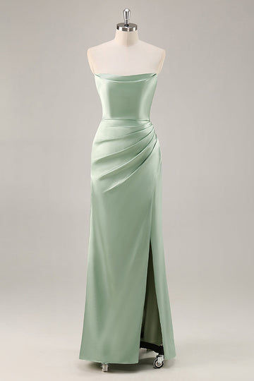 Sage Green Satin Strapless Ruched Long Bridesmaid Dress with Slit