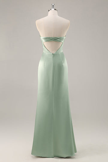 Sage Green Satin Strapless Ruched Long Bridesmaid Dress with Slit