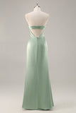 Sage Green Satin Strapless Ruched Long Bridesmaid Dress with Slit