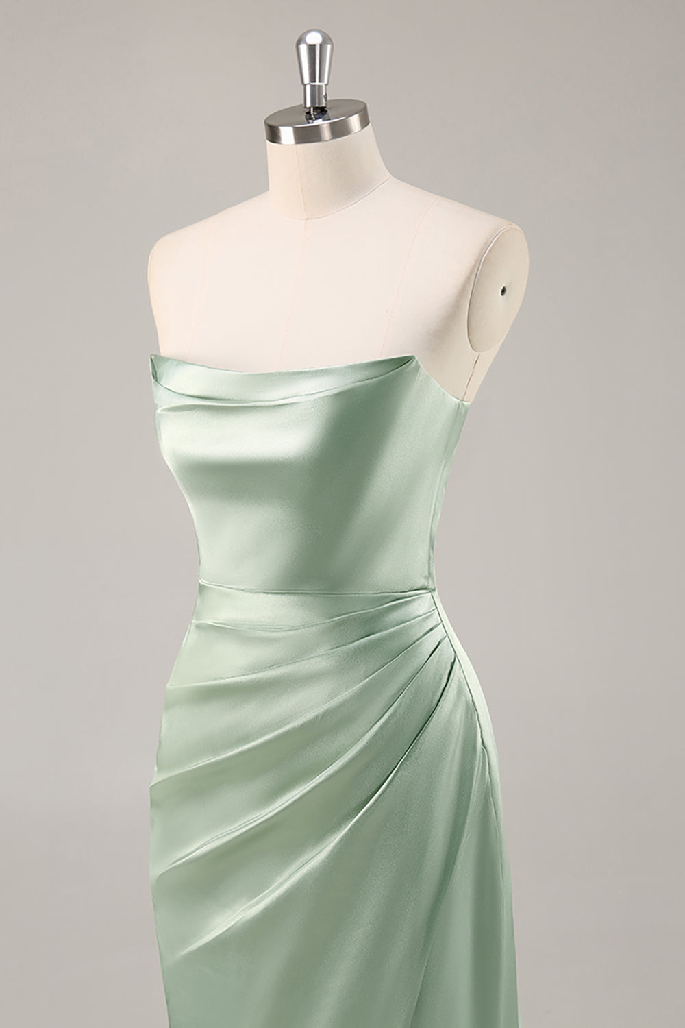 Sage Green Satin Strapless Ruched Long Bridesmaid Dress with Slit
