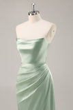 Sage Green Satin Strapless Ruched Long Bridesmaid Dress with Slit