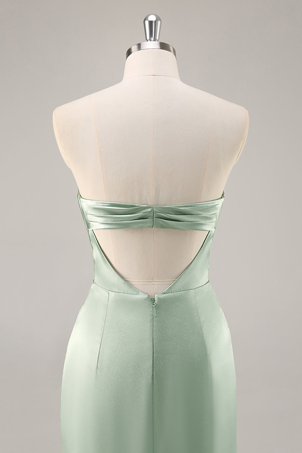 Sage Green Satin Strapless Ruched Long Bridesmaid Dress with Slit