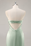 Sage Green Satin Strapless Ruched Long Bridesmaid Dress with Slit