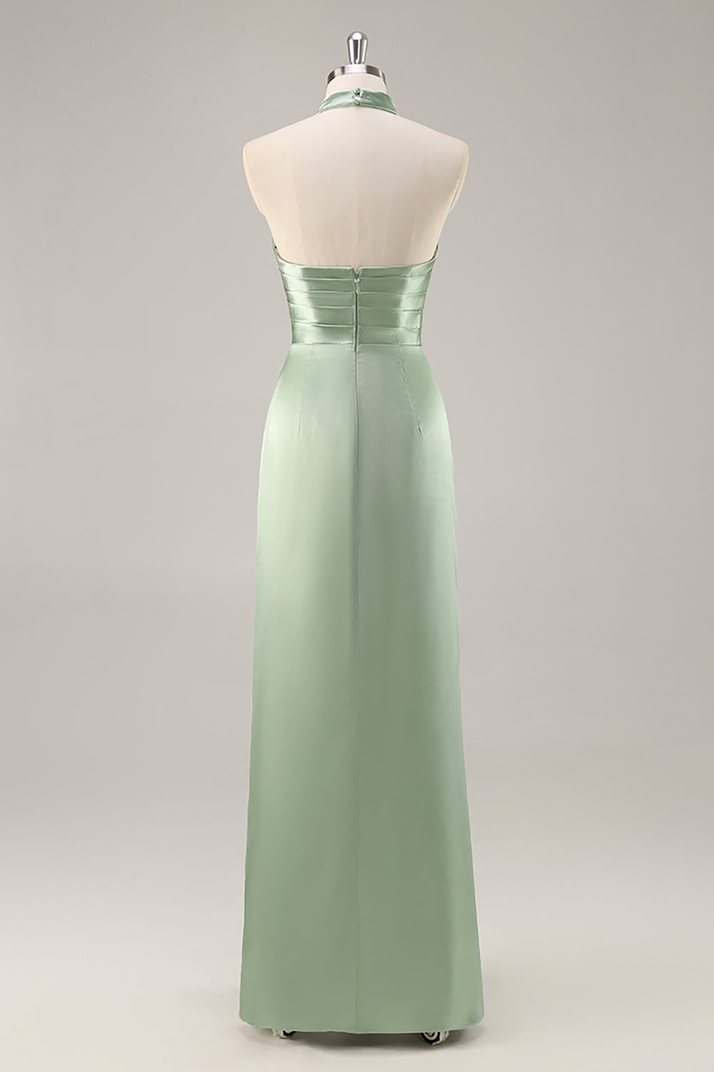 Blush High Neck Satin Ruched Long Bridesmaid Dress with Slit