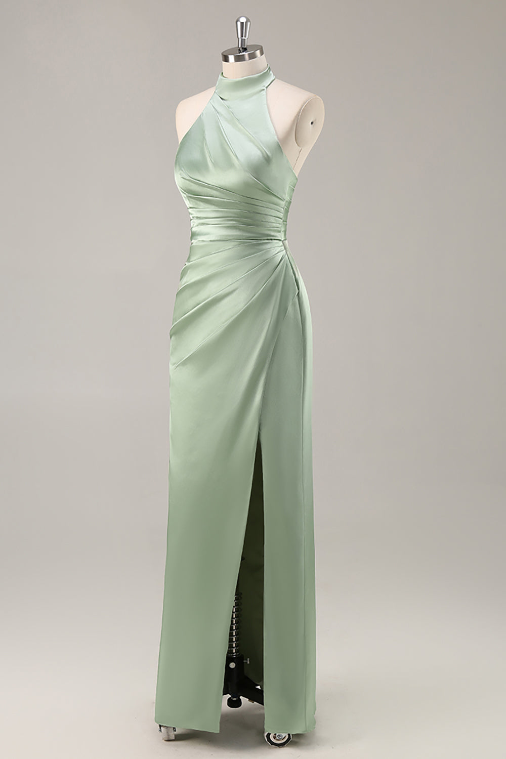 Blush High Neck Satin Ruched Long Bridesmaid Dress with Slit
