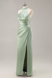 Blush High Neck Satin Ruched Long Bridesmaid Dress with Slit