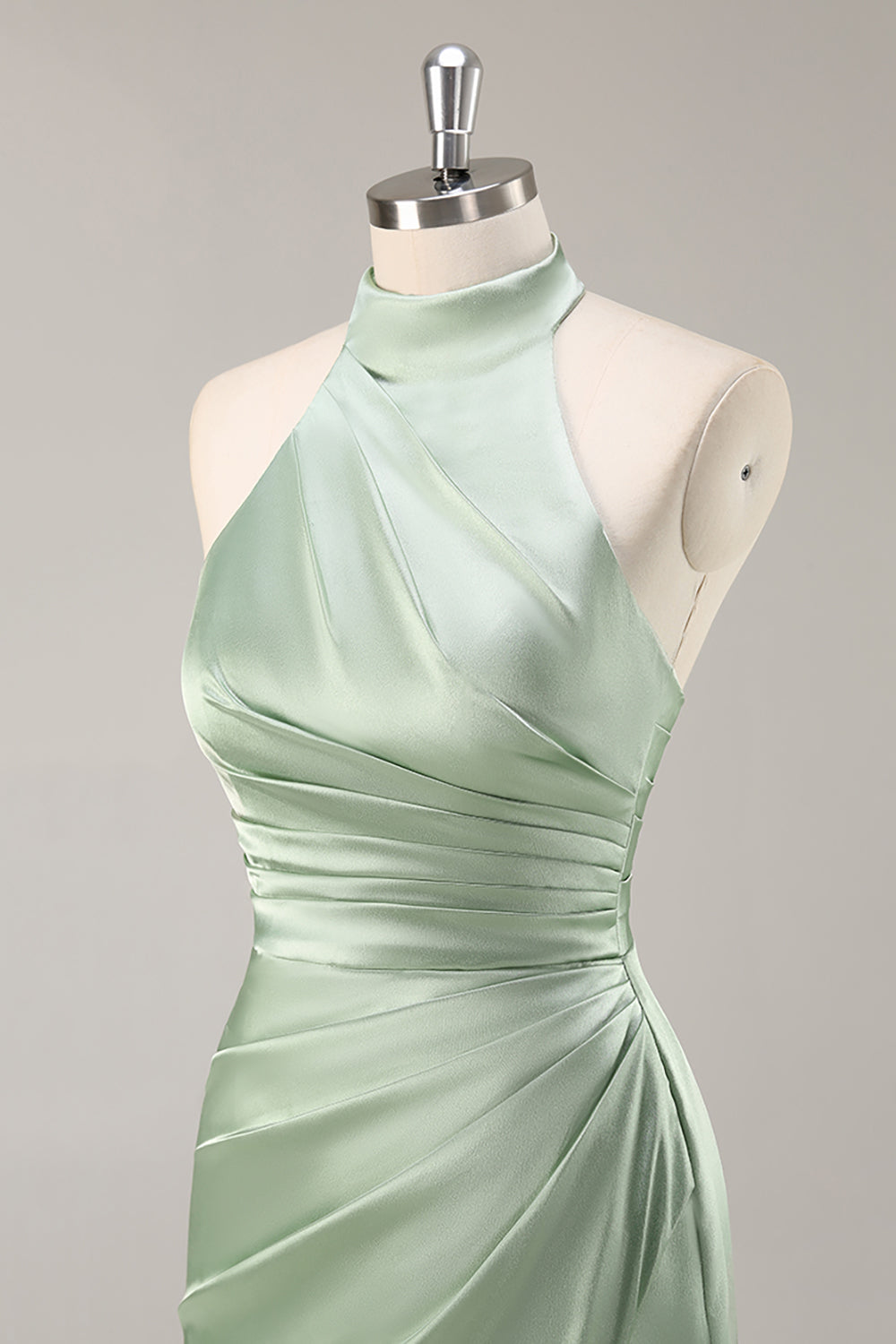Blush High Neck Satin Ruched Long Bridesmaid Dress with Slit