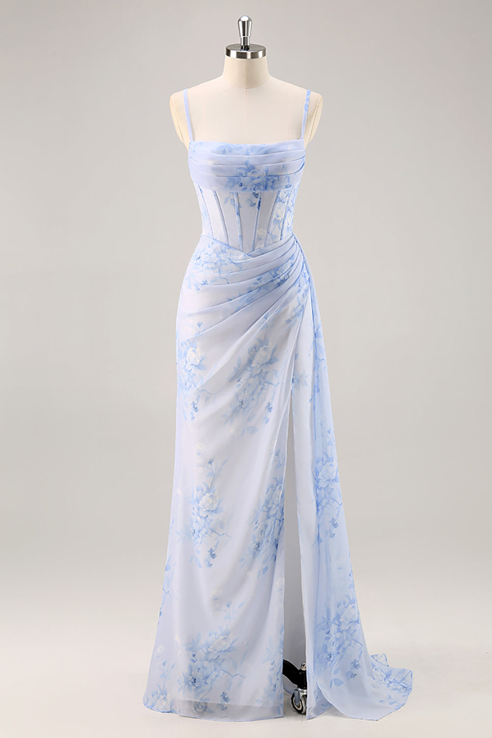 Blue Floral Mermaid Long Corset Bridesmaid Dress with Slit