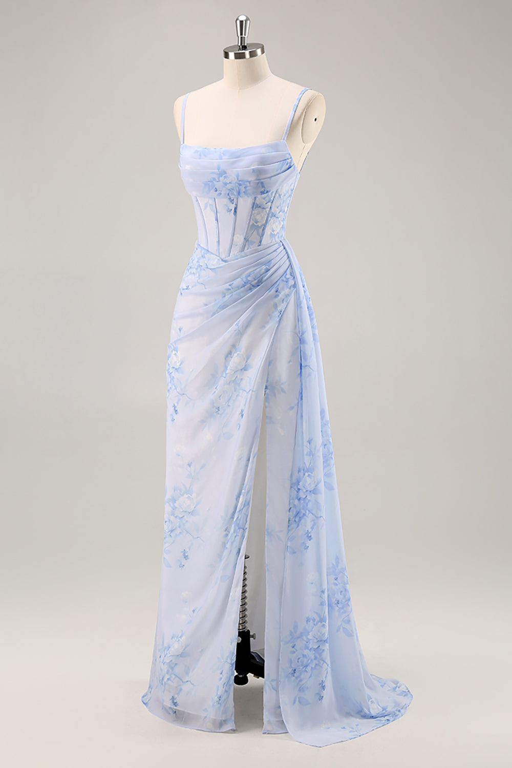 Blue Floral Mermaid Long Corset Bridesmaid Dress with Slit