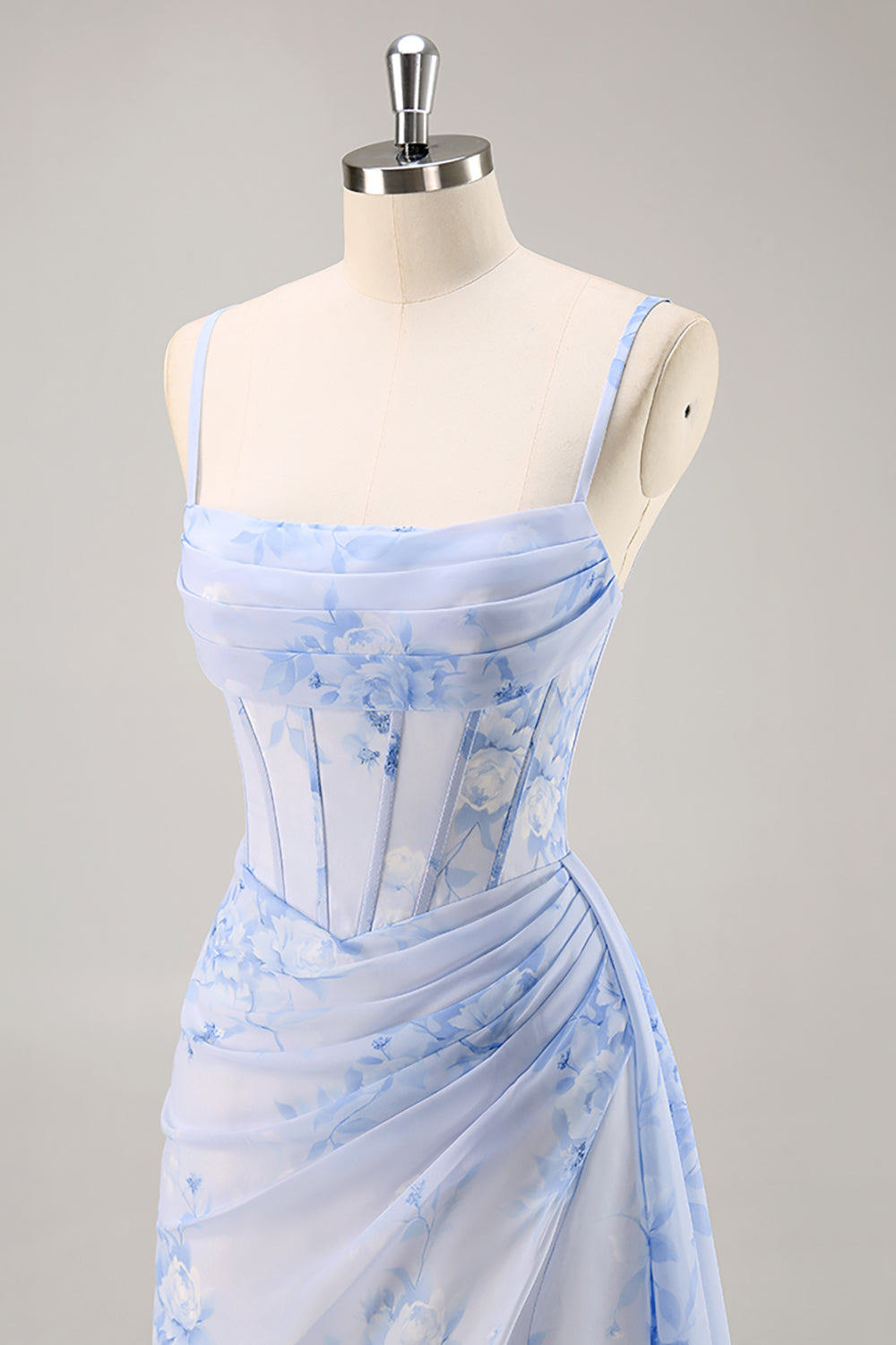 Blue Floral Mermaid Long Corset Bridesmaid Dress with Slit