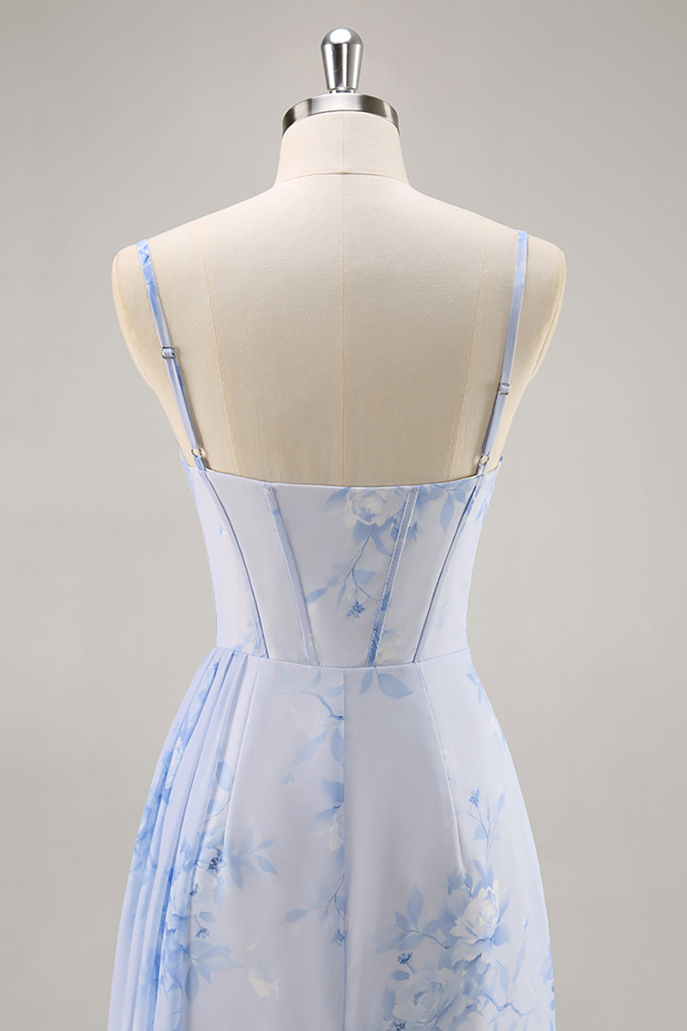 Blue Floral Mermaid Long Corset Bridesmaid Dress with Slit