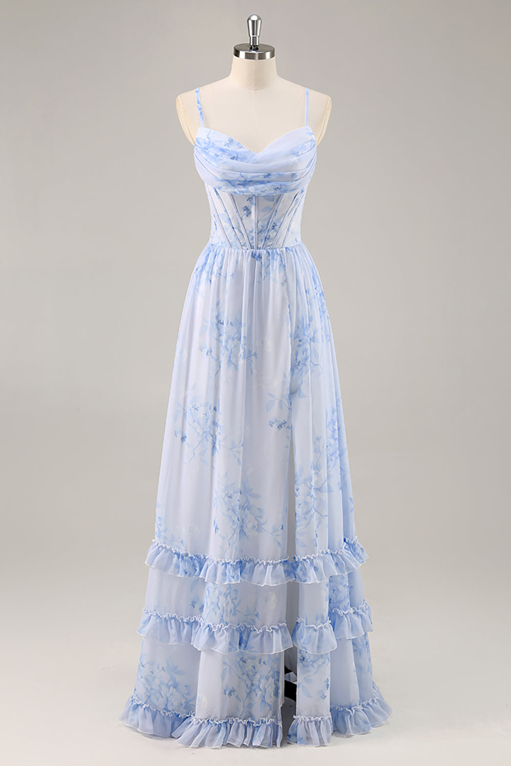 Blue Floral Corset Chiffon Ruffled Long Bridesmaid Dress with Slit
