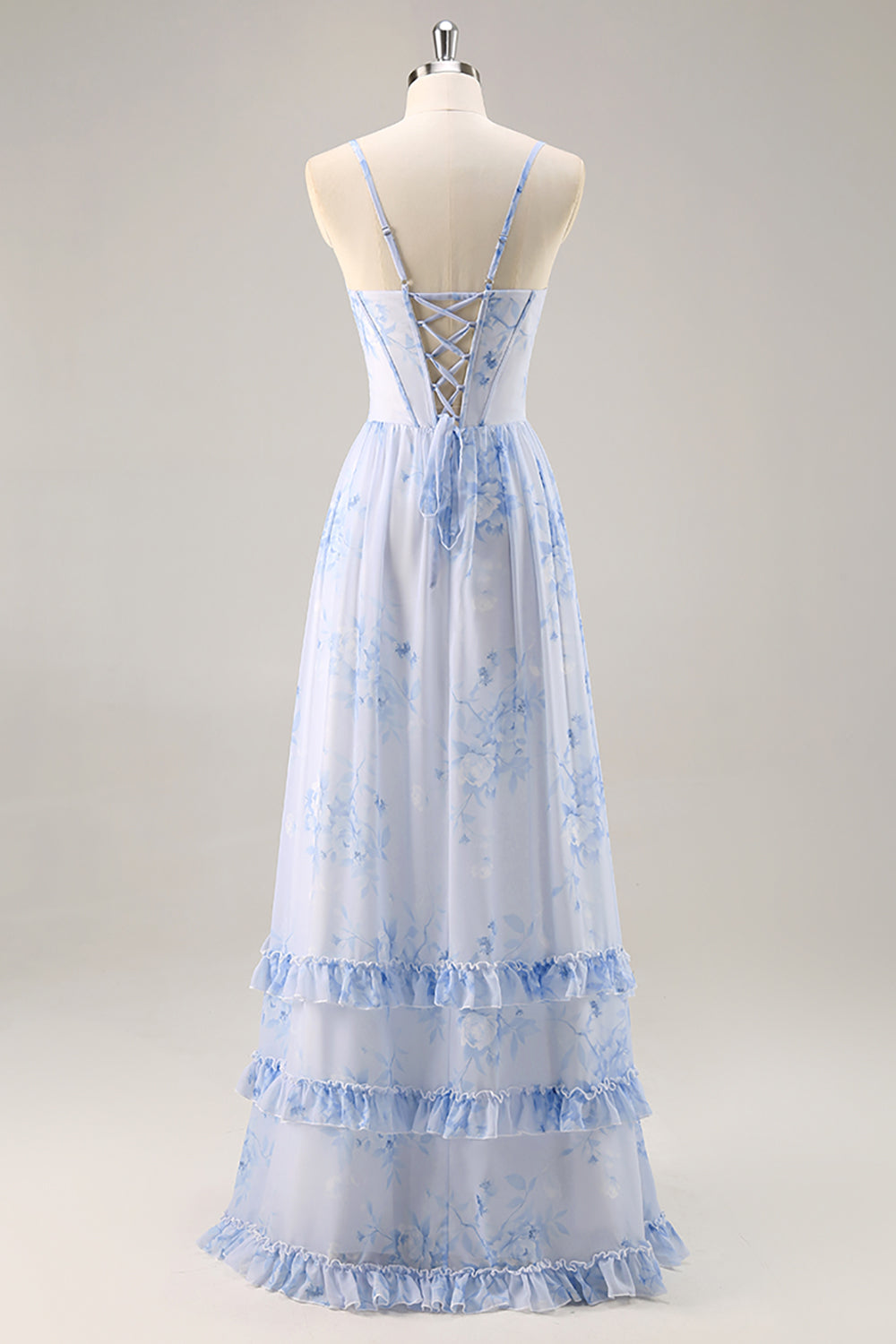 Blue Floral Corset Chiffon Ruffled Long Bridesmaid Dress with Slit