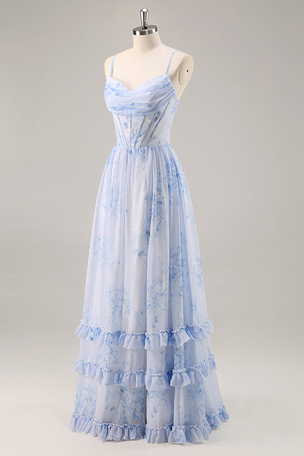 Blue Floral Corset Chiffon Ruffled Long Bridesmaid Dress with Slit