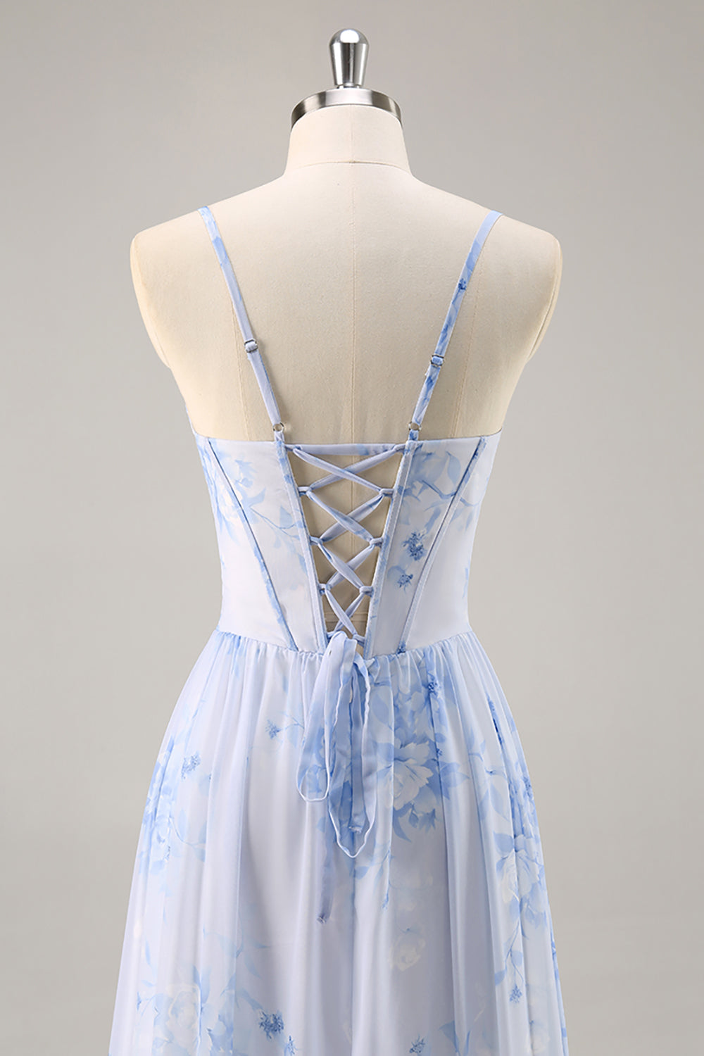 Blue Floral Corset Chiffon Ruffled Long Bridesmaid Dress with Slit