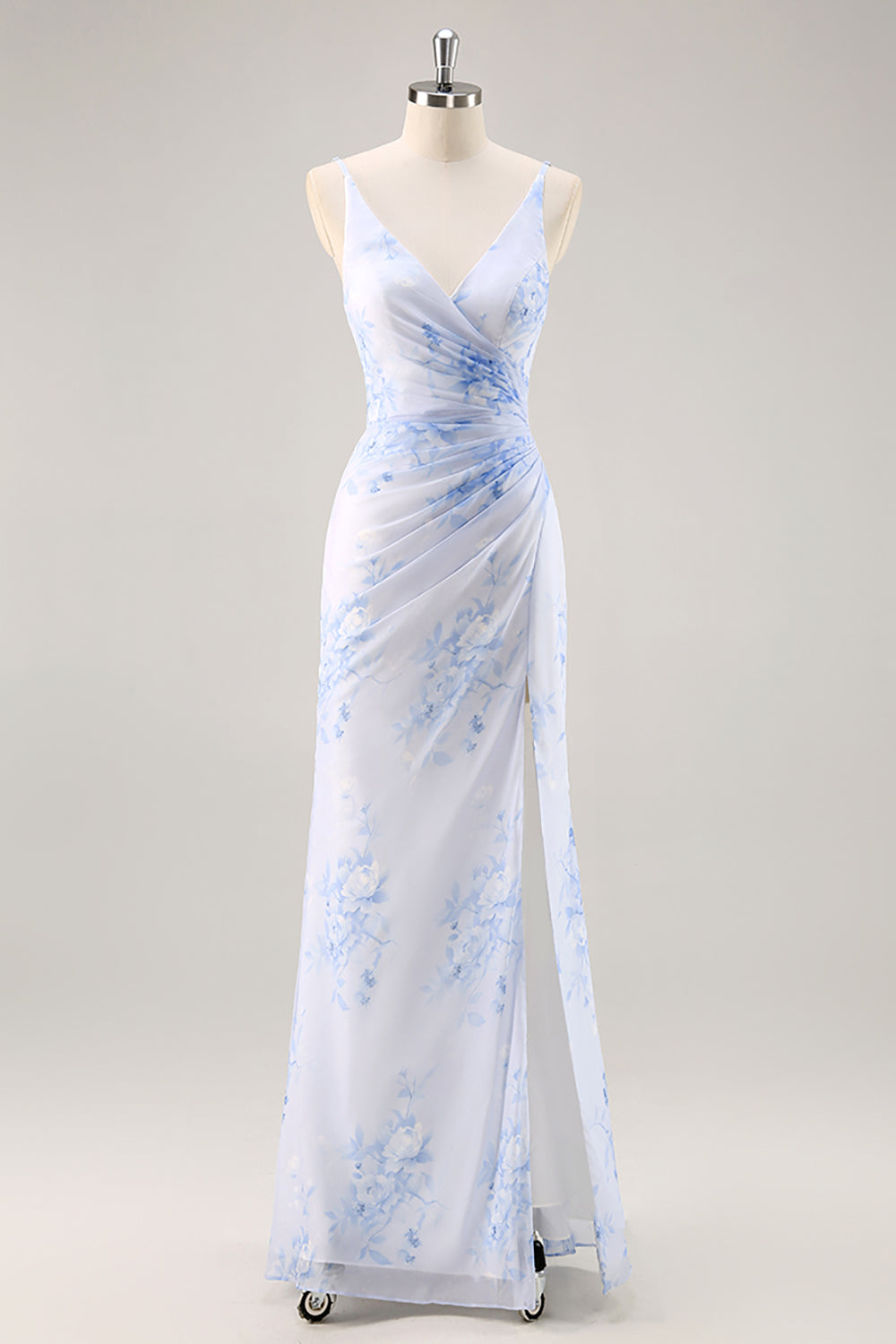 Blue Floral Chiffon Ruched Long Bridesmaid Dress with Slit