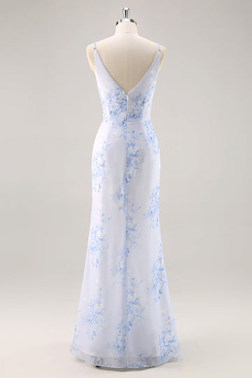 Blue Floral Chiffon Ruched Long Bridesmaid Dress with Slit
