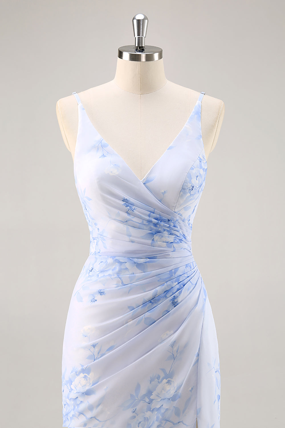 Blue Floral Chiffon Ruched Long Bridesmaid Dress with Slit