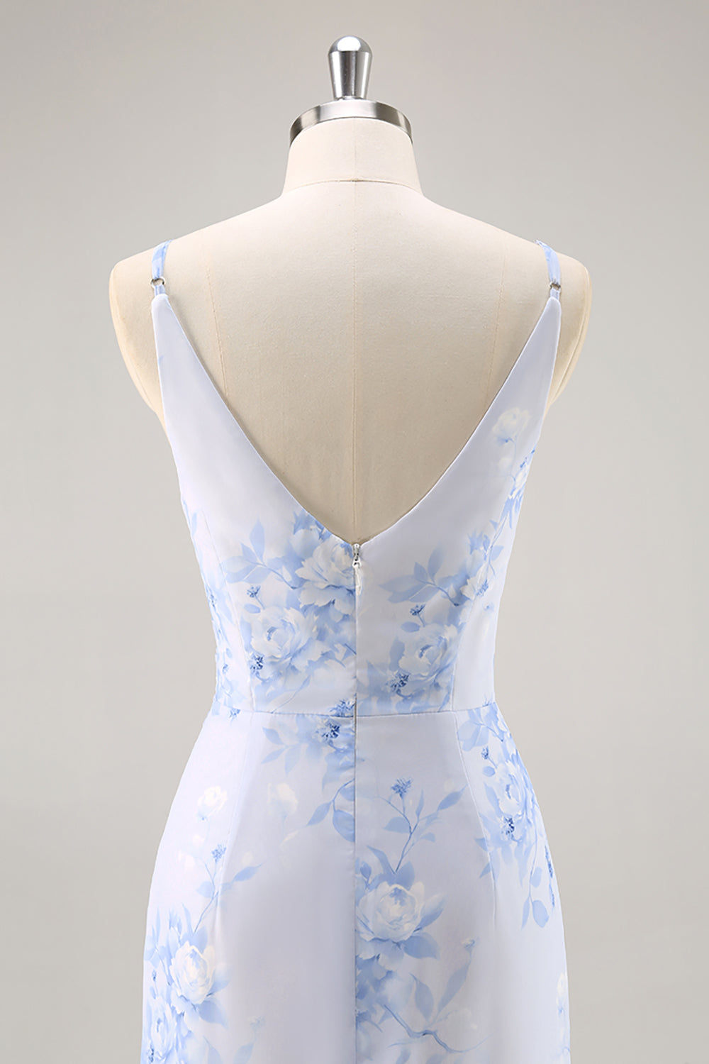 Blue Floral Chiffon Ruched Long Bridesmaid Dress with Slit