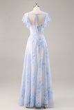 Blue Floral Chiffon Scoop Neck Long Bridesmaid Dress with Ruffles