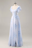 Blue Floral Chiffon Scoop Neck Long Bridesmaid Dress with Ruffles