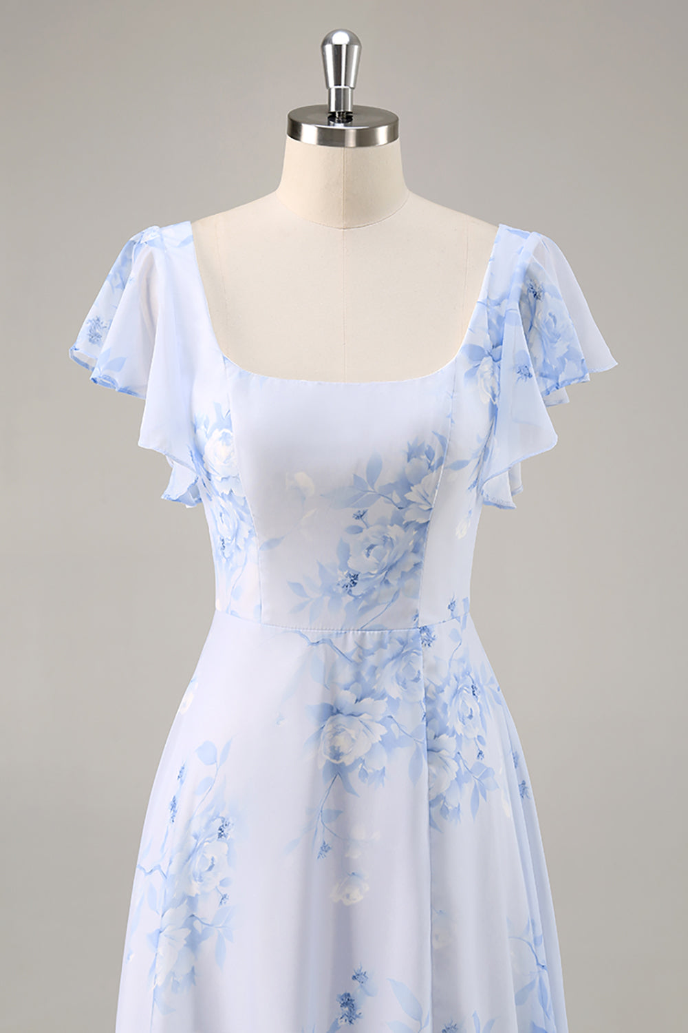 Blue Floral Chiffon Scoop Neck Long Bridesmaid Dress with Ruffles