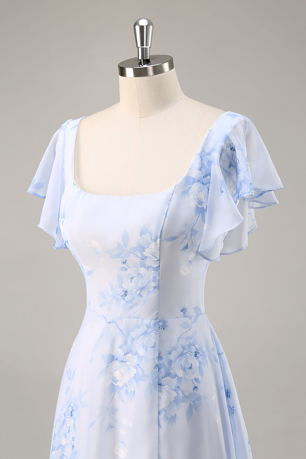 Blue Floral Chiffon Scoop Neck Long Bridesmaid Dress with Ruffles