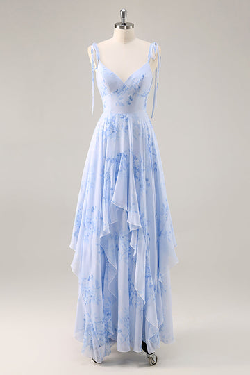 Blue Floral Chiffon A Line Long Bridesmaid Dress with Ruffles