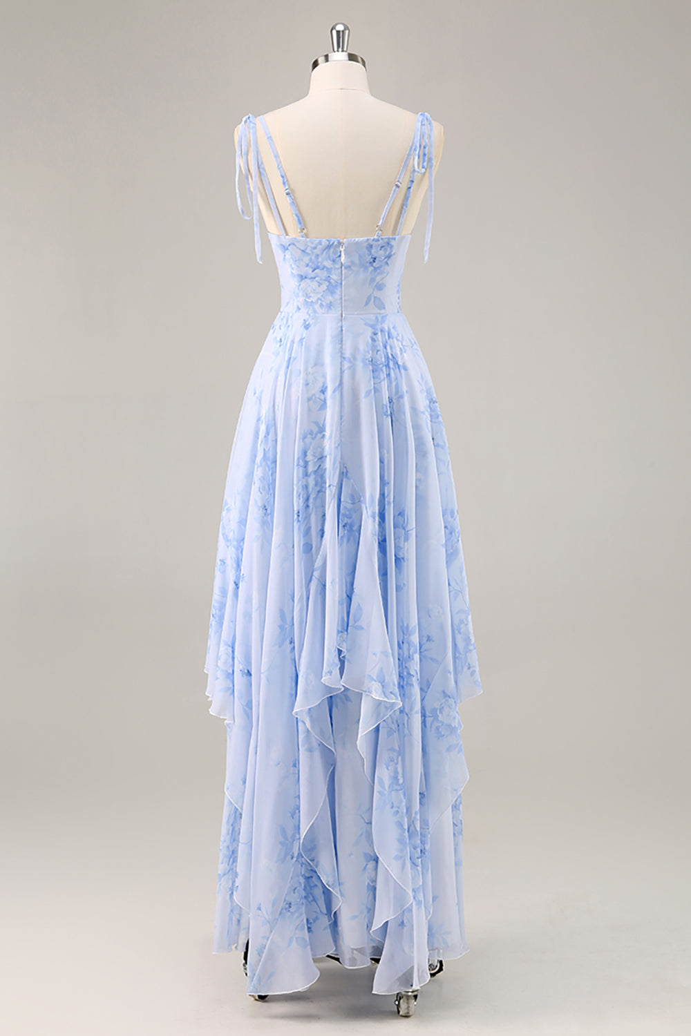 Blue Floral Chiffon A Line Long Bridesmaid Dress with Ruffles
