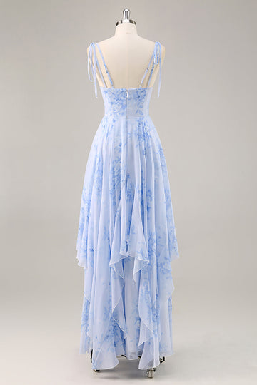 Blue Floral Chiffon A Line Long Bridesmaid Dress with Ruffles