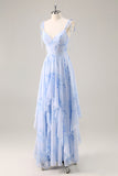 Blue Floral Chiffon A Line Long Bridesmaid Dress with Ruffles