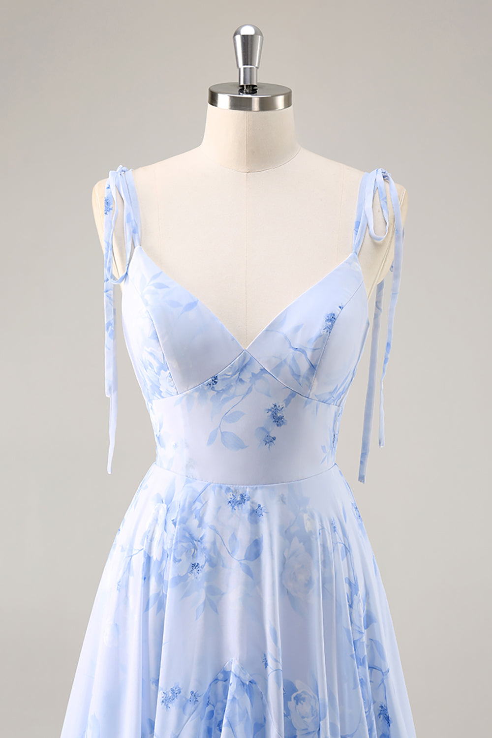 Blue Floral Chiffon A Line Long Bridesmaid Dress with Ruffles