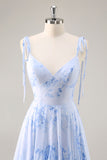 Blue Floral Chiffon A Line Long Bridesmaid Dress with Ruffles