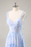 Blue Floral Chiffon A Line Long Bridesmaid Dress with Ruffles