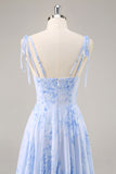 Blue Floral Chiffon A Line Long Bridesmaid Dress with Ruffles