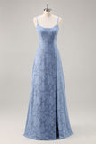 Dusty Blue Lace A Line Spaghetti Straps Long Bridesmaid Dress with Slit