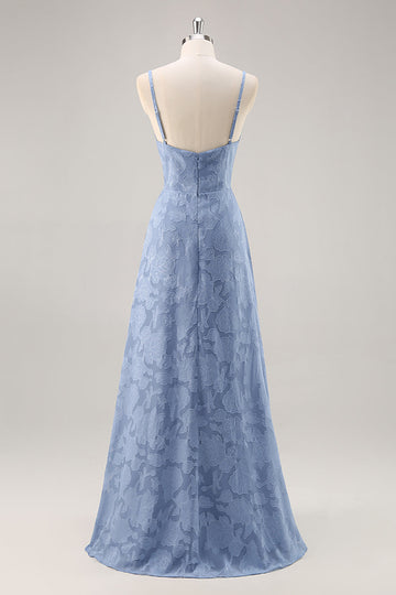 Dusty Blue Lace A Line Spaghetti Straps Long Bridesmaid Dress with Slit