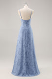 Dusty Blue Lace A Line Spaghetti Straps Long Bridesmaid Dress with Slit