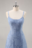 Dusty Blue Lace A Line Spaghetti Straps Long Bridesmaid Dress with Slit